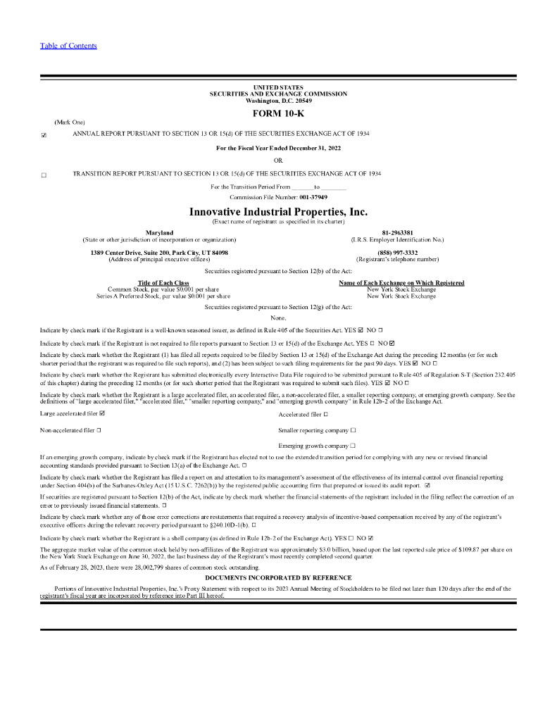 Innovative Industrial Properties Inc（IIPR）2022财年年度报告（英文版）