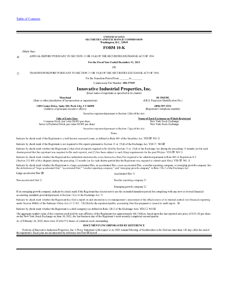 Innovative Industrial Properties Inc（IIPR）2021财年年度报告（英文版）