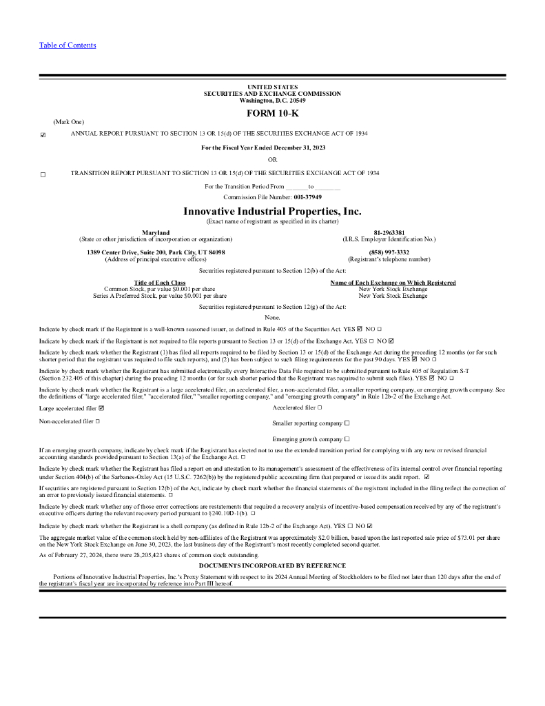 Innovative Industrial Properties Inc（IIPR）2023财年年度报告（英文版）