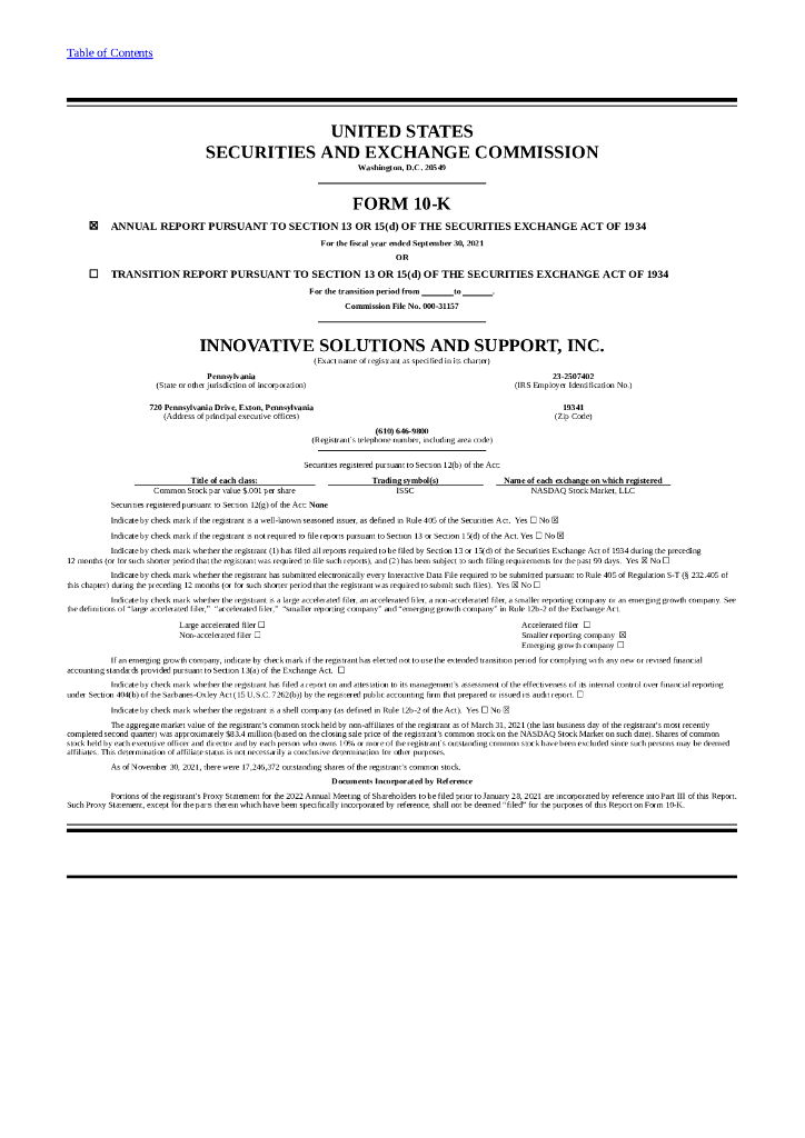 Innovative Solutions and Support,Inc.（ISSC）2021财年年度报告（英文版）