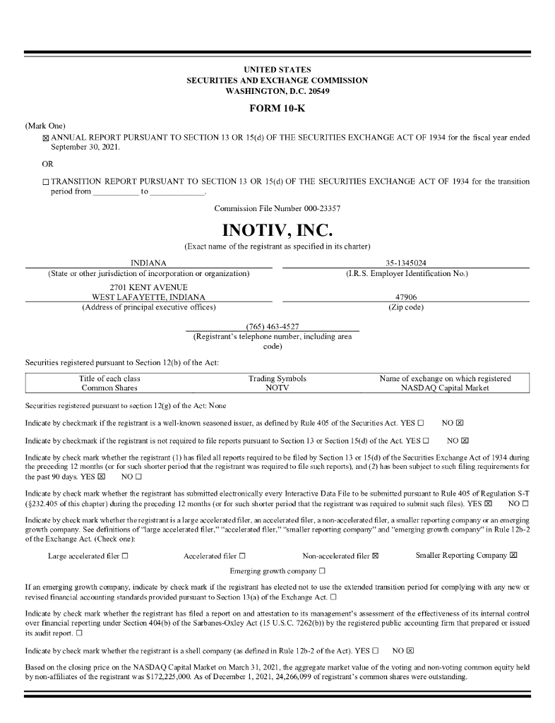 Inotiv,Inc.（NOTV）2021财年年度报告（英文版）