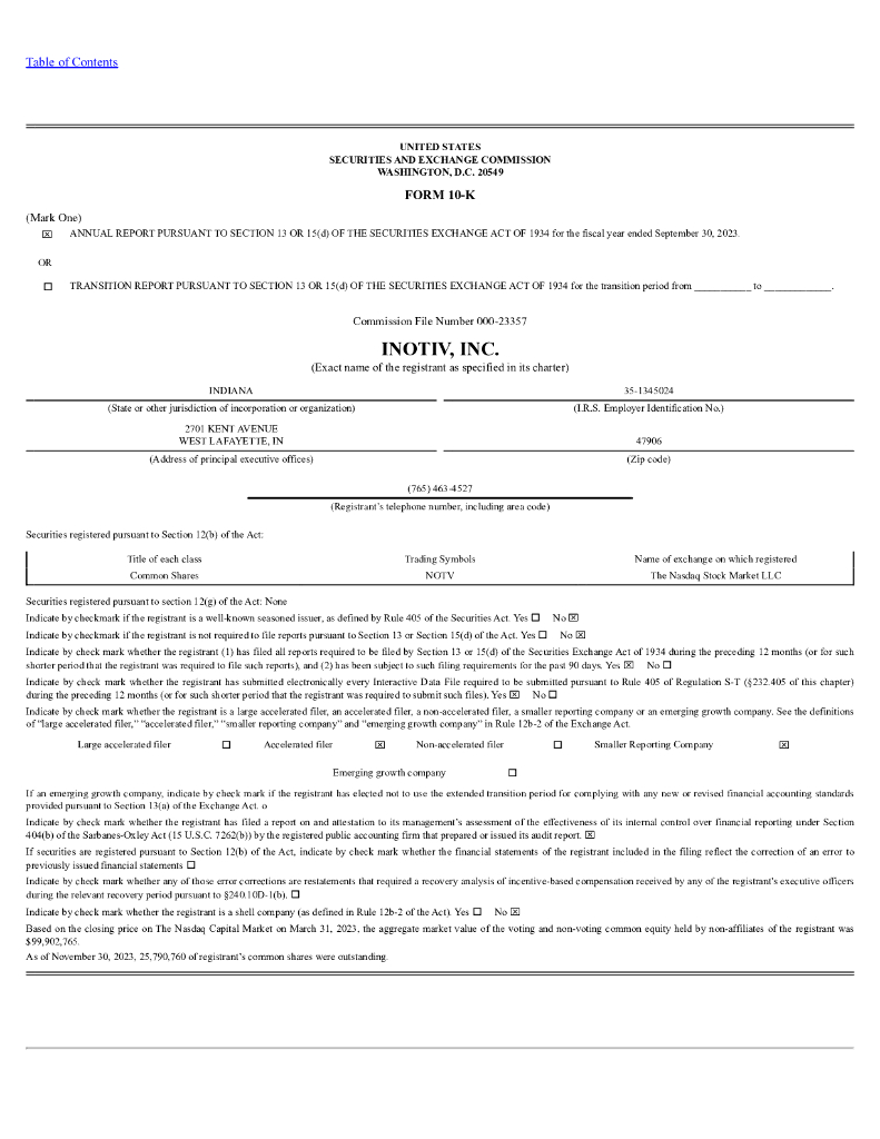 Inotiv,Inc.（NOTV）2023财年年度报告（英文版）