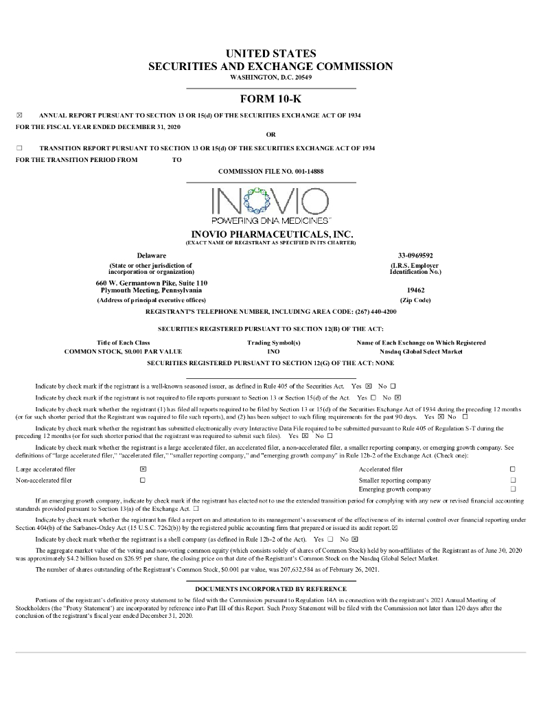 Inovio Pharmaceuticals,Inc.（INO）2020财年年度报告（英文版）