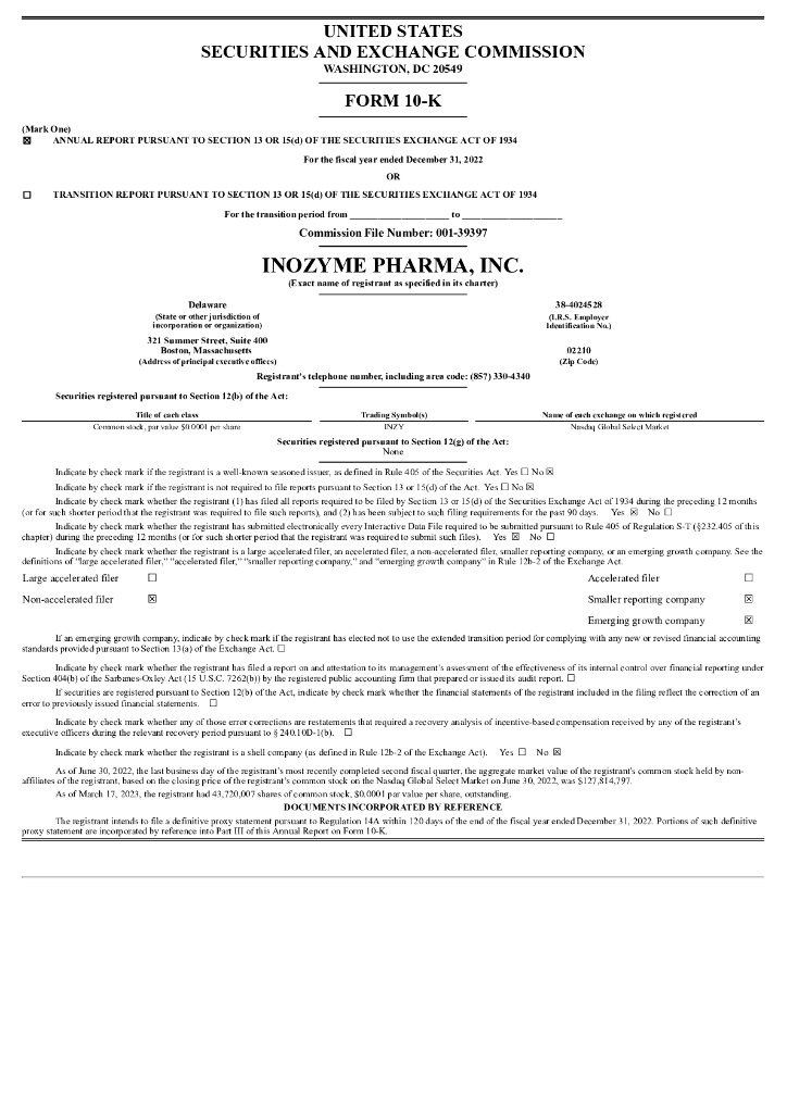 Inozyme Pharma（INZY）2022财年年度报告（英文版）