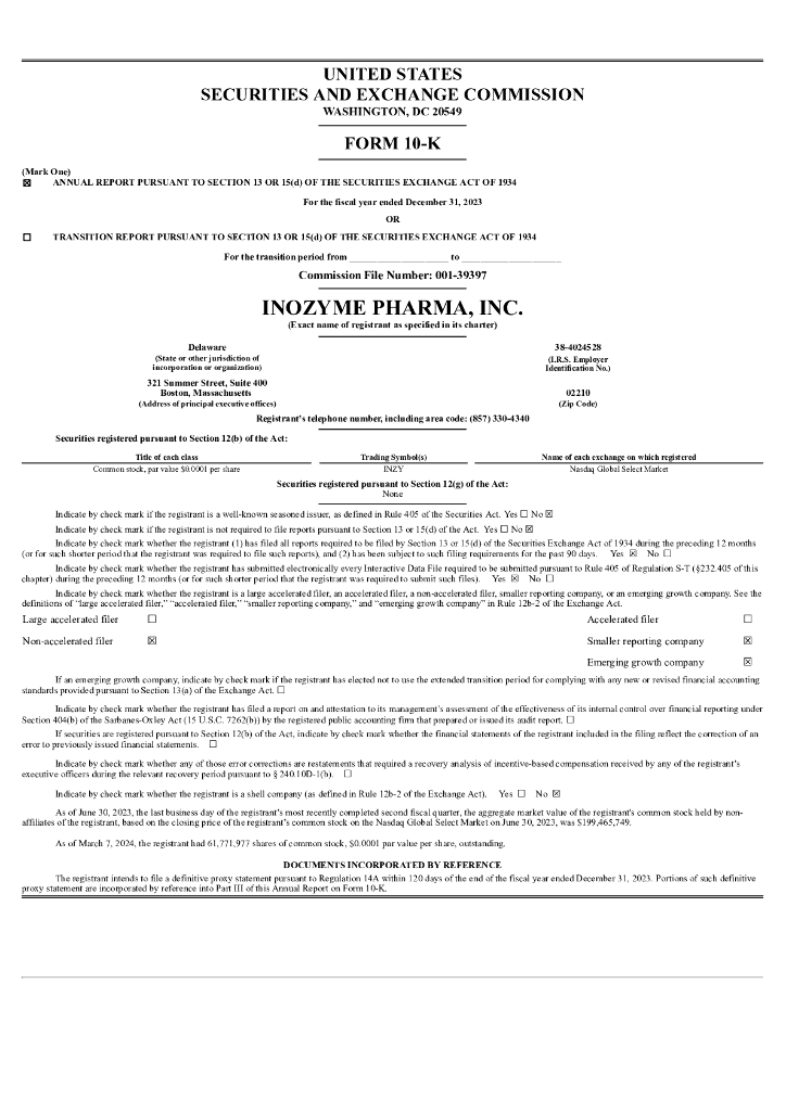 Inozyme Pharma（INZY）2023财年年度报告（英文版）