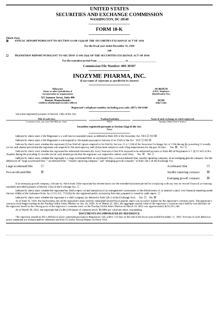 Inozyme Pharma（INZY）2020财年年度报告（英文版）