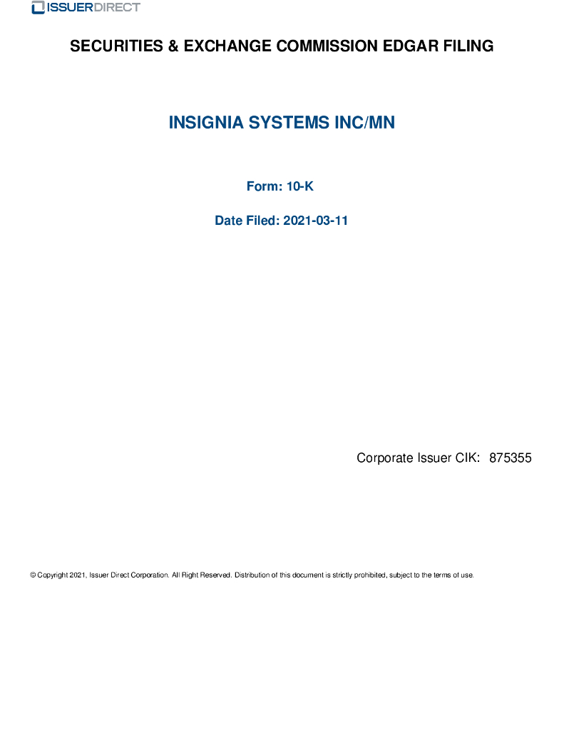 Insignia Systems,Inc.（ISIG）2020财年年度报告（英文版）
