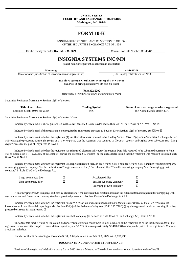 Insignia Systems,Inc.（ISIG）2021财年年度报告（英文版）