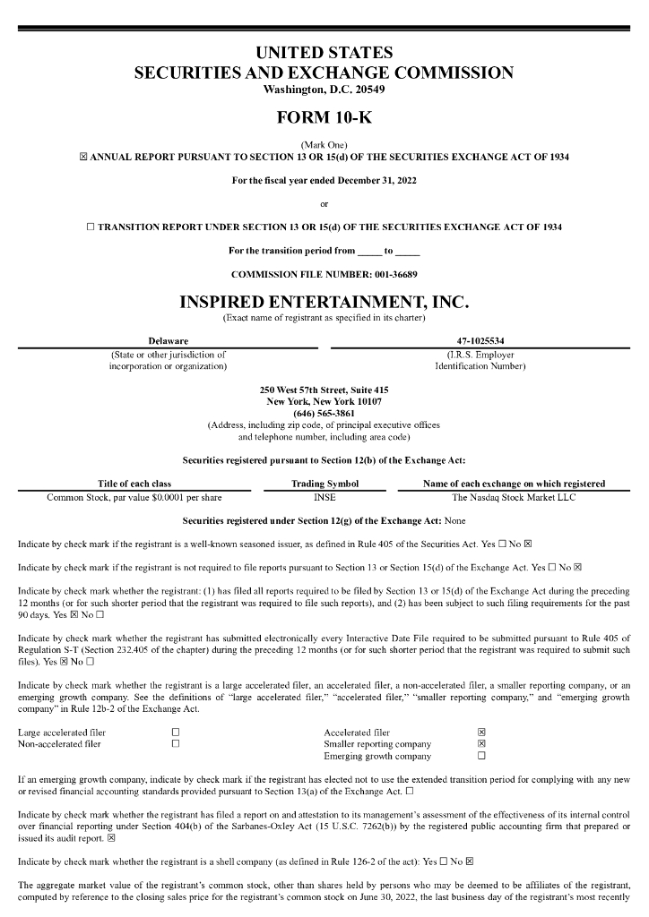 Inspired Entertainment,Inc.（INSE）2022财年年度报告（英文版）