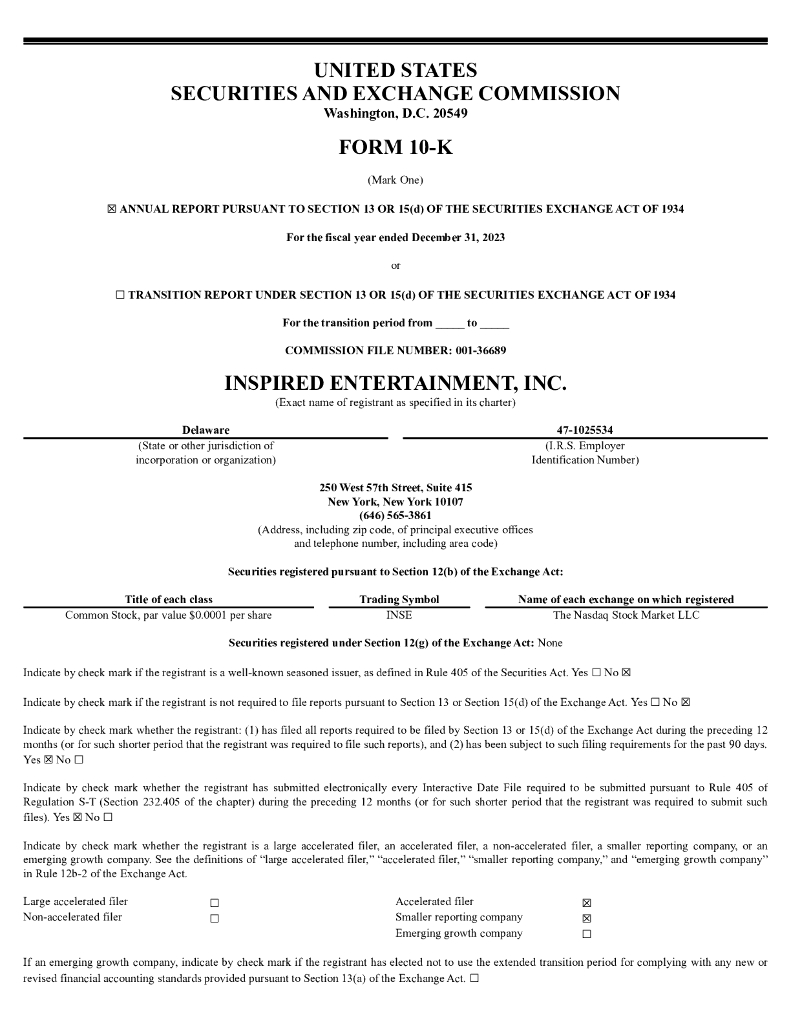 Inspired Entertainment,Inc.（INSE）2023财年年度报告（英文版）