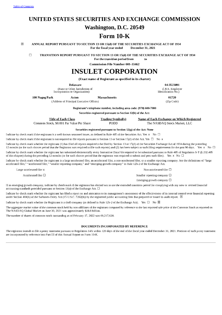 Insulet Corporation（PODD）2021财年年度报告（英文版）