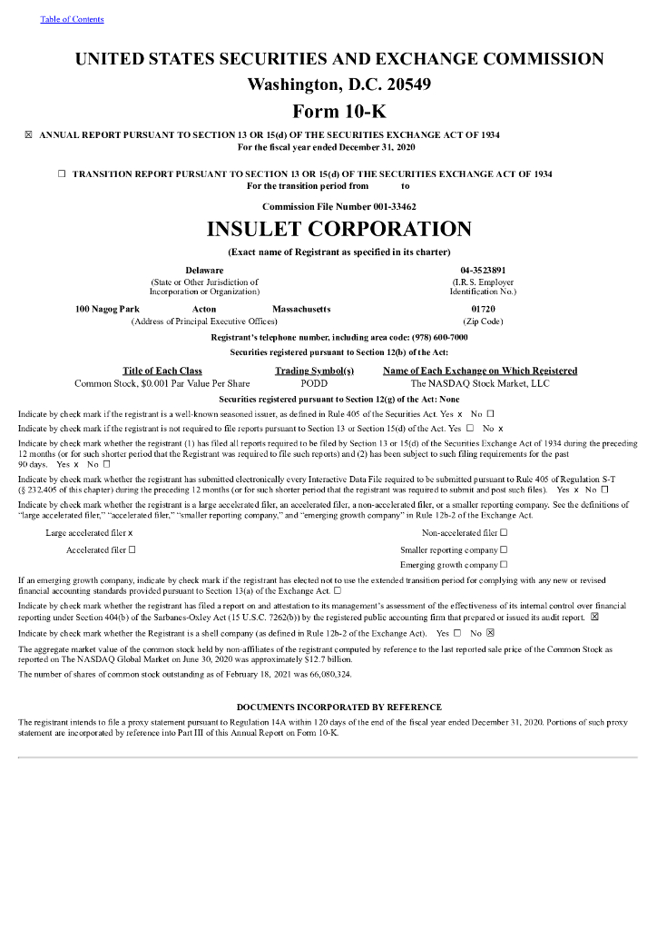 Insulet Corporation（PODD）2020财年年度报告（英文版）