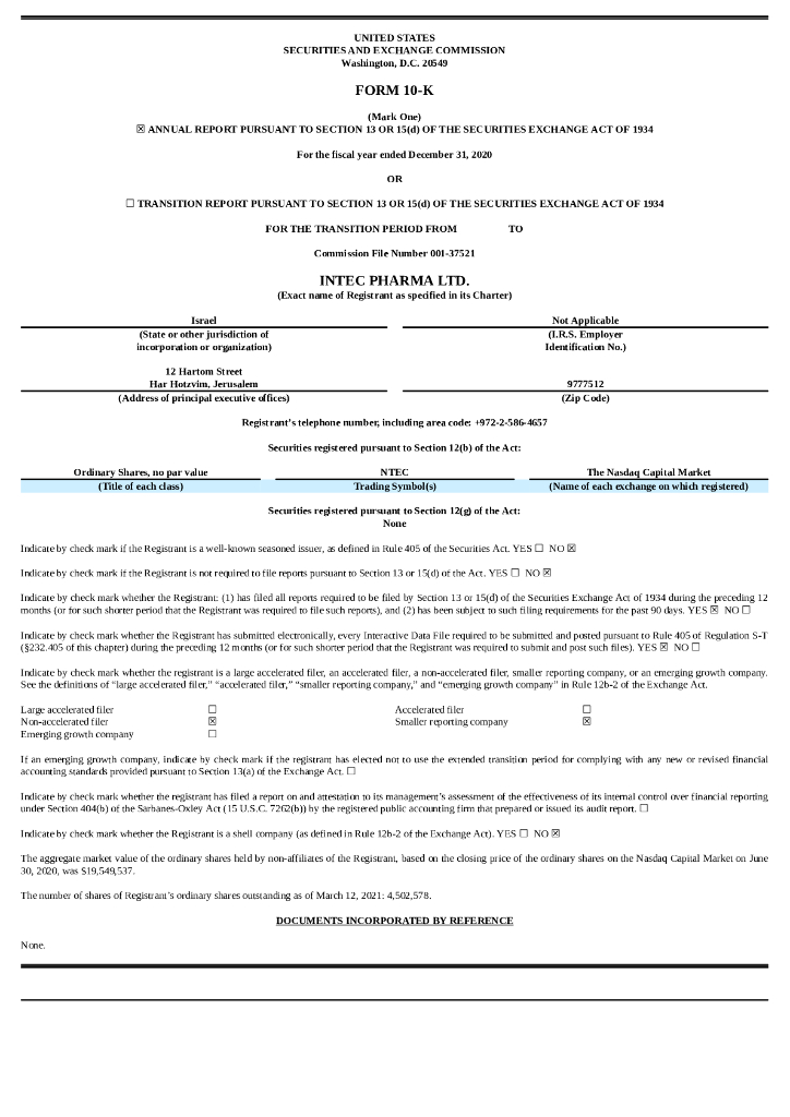 Intec Pharma（NTEC）2020财年年度报告（英文版）