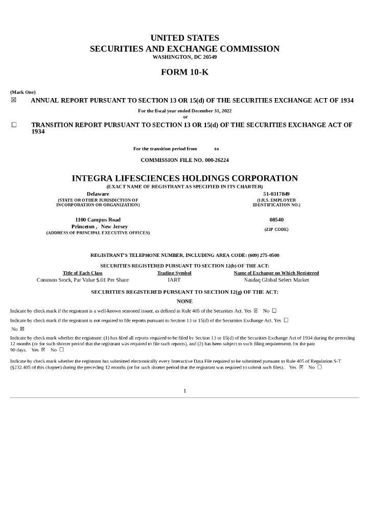 Integra LifeSciences Holdings（IART）2022财年年度报告（英文版）