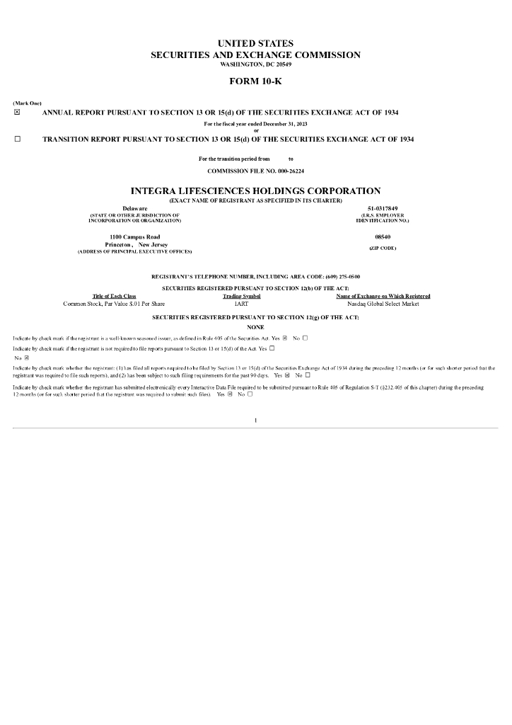 Integra LifeSciences Holdings（IART）2023财年年度报告（英文版）