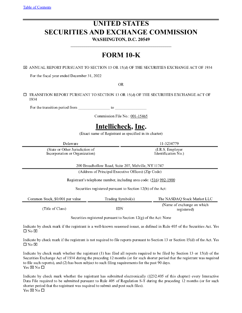 Intellicheck,Inc.（IDN）2022财年年度报告（英文版）