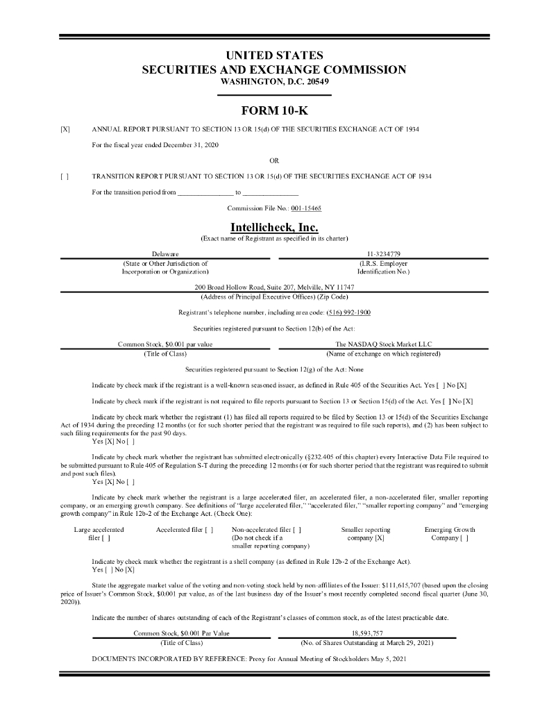 Intellicheck,Inc.（IDN）2020财年年度报告（英文版）
