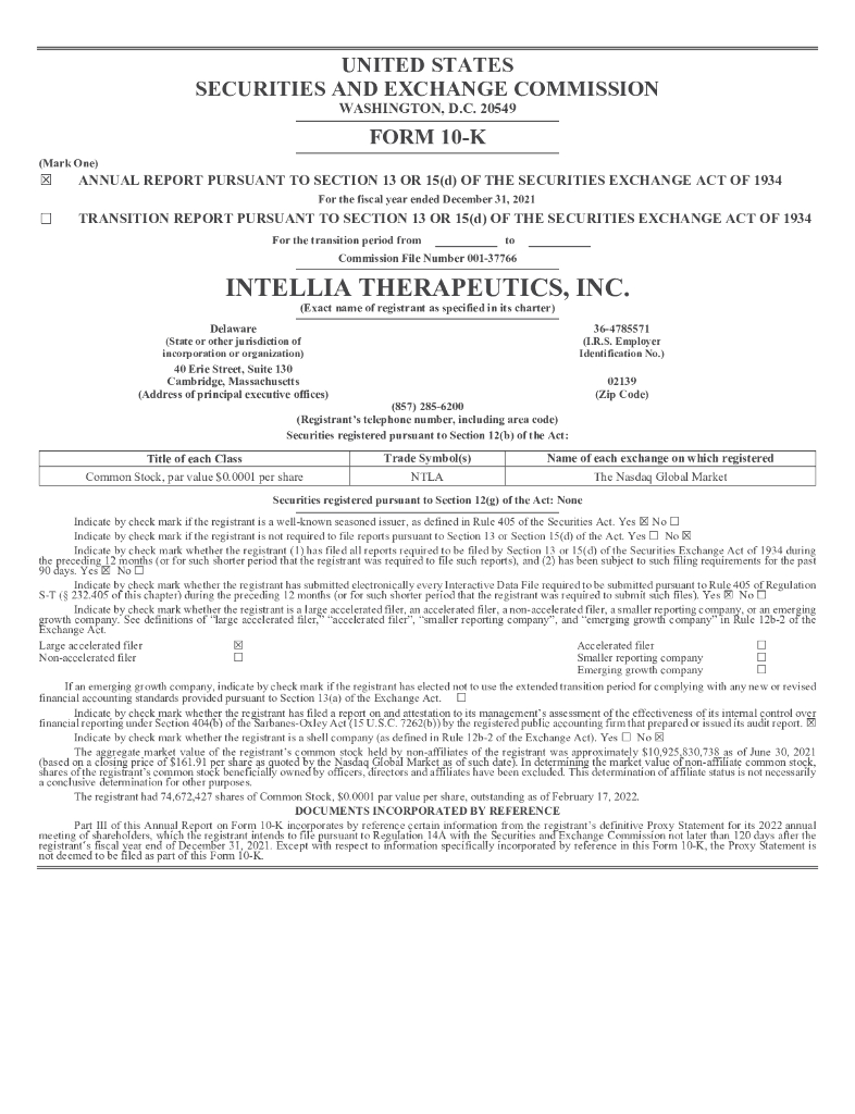 Intellia Therapeutics,Inc.（NTLA）2021财年年度报告（英文版）