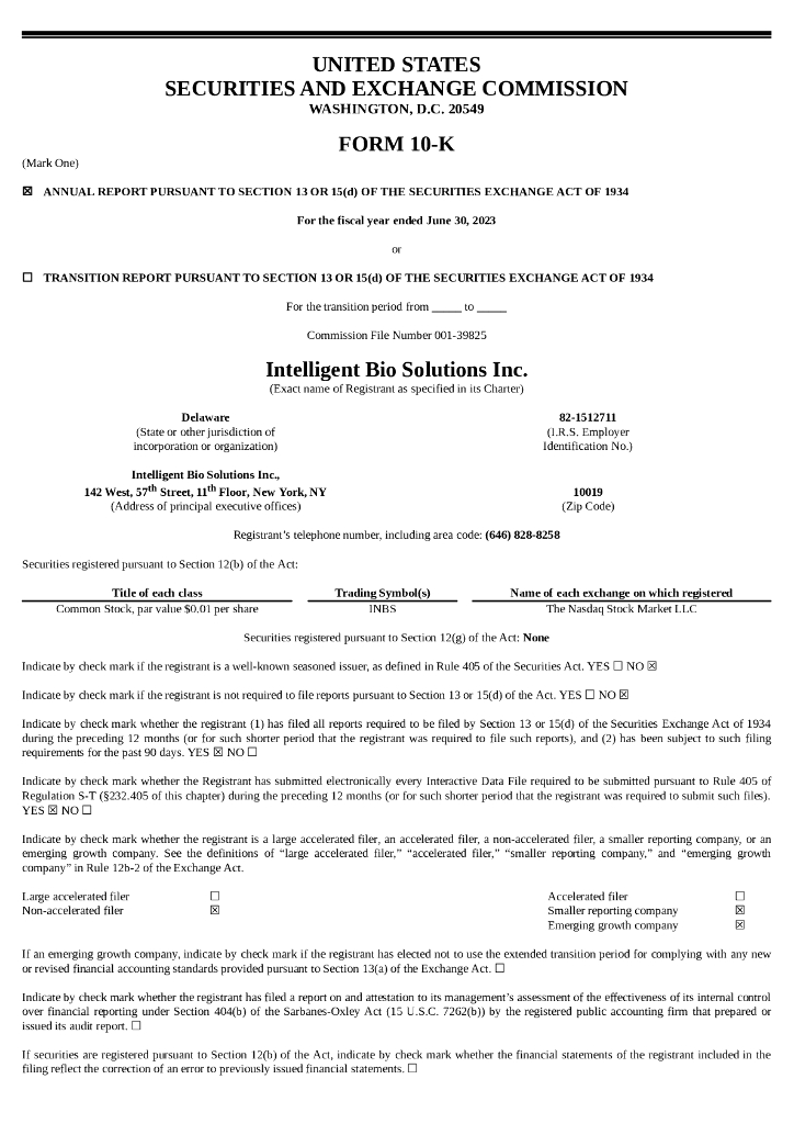 Intelligent Bio Solutions Inc.（INBS）2023财年年度报告（英文版）