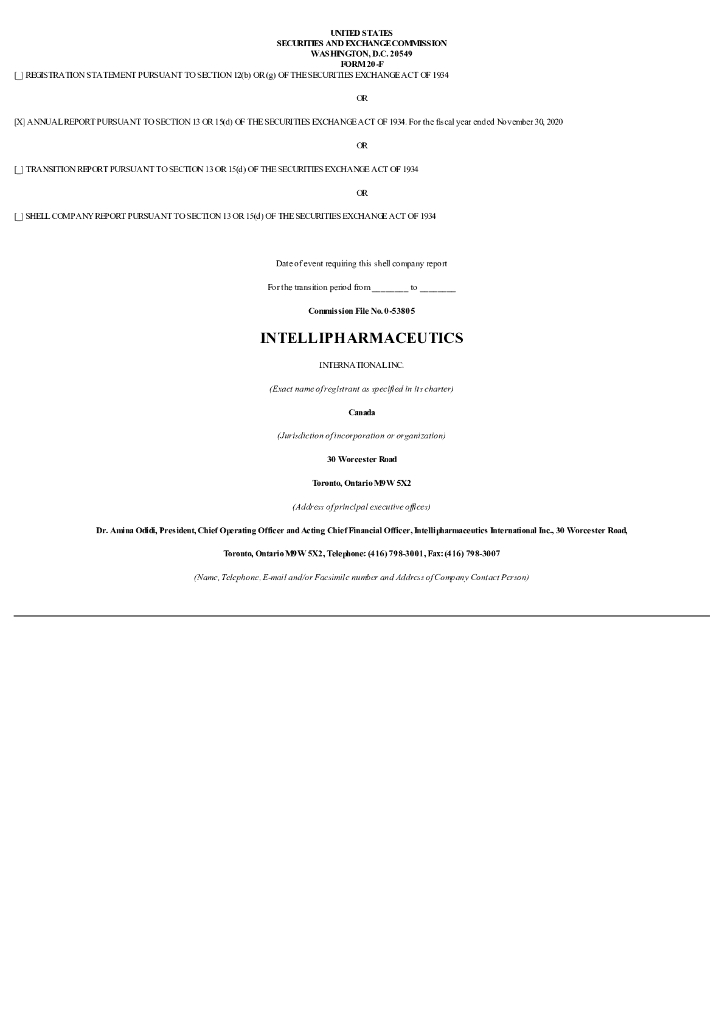 IntelliPharmaCeutics International Inc.（IPCI）2020财年年度报告（英文版）