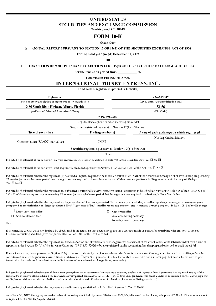 International Money Express,Inc.（IMXI）2022财年年度报告（英文版）