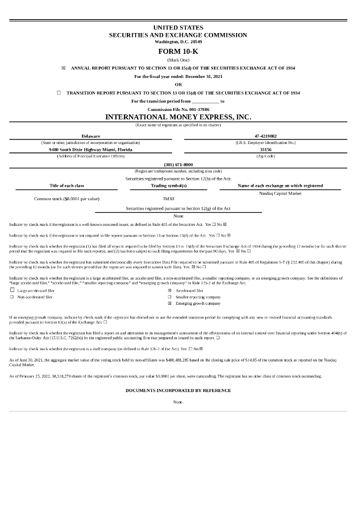 International Money Express,Inc.（IMXI）2021财年年度报告（英文版）