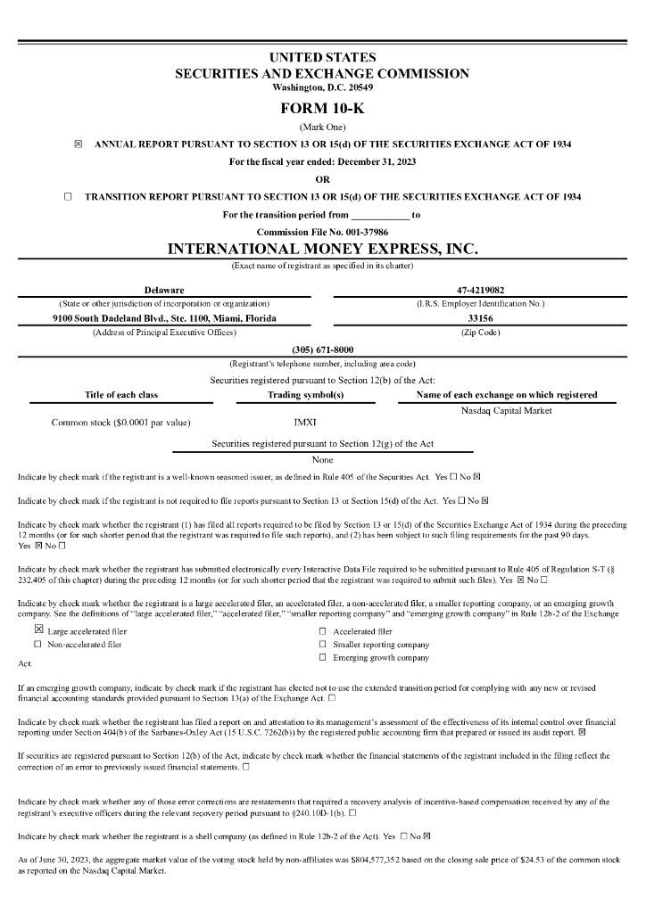 International Money Express,Inc.（IMXI）2023财年年度报告（英文版）