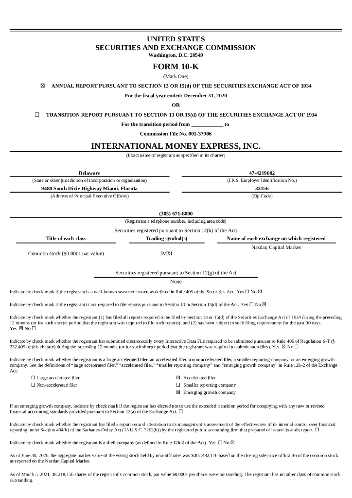 International Money Express,Inc.（IMXI）2020财年年度报告（英文版）