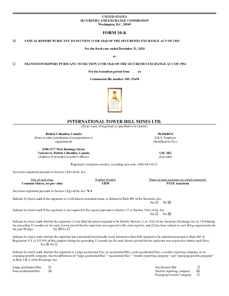 International Tower Hill Mines Ltd.（ITH）2020财年年度报告（英文版）