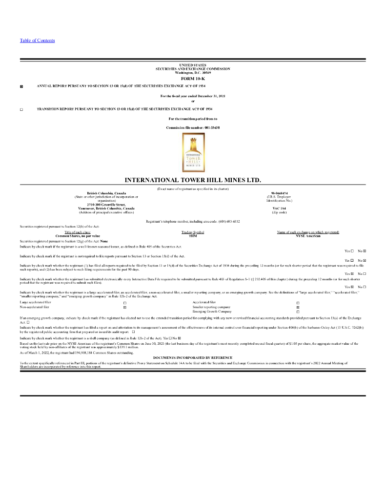 International Tower Hill Mines Ltd.（ITH）2021财年年度报告（英文版）