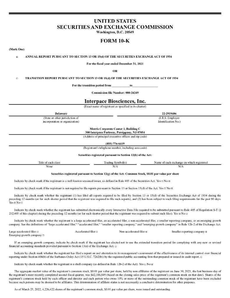 Interpace Biosciences,Inc.（IDXG）2021财年年度报告（英文版）