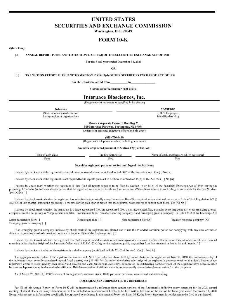 Interpace Biosciences,Inc.（IDXG）2020财年年度报告（英文版）