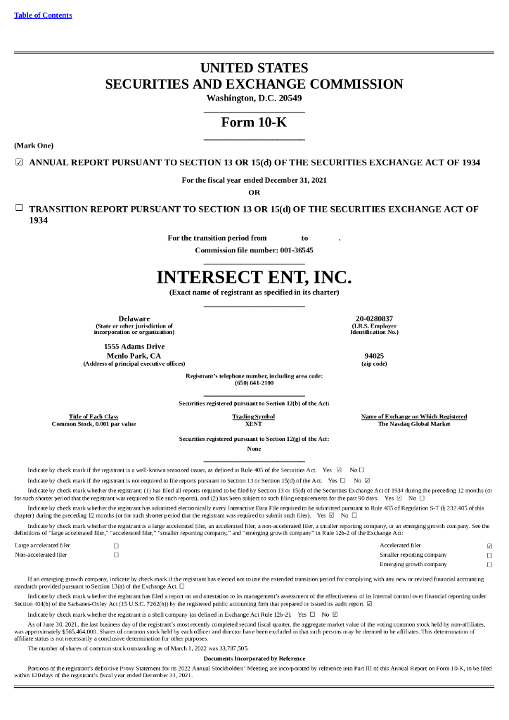 Intersect ENT Inc（XENT）2021财年年度报告（英文版）