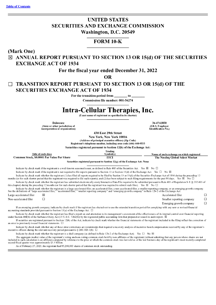 Intra-Cellular Therapies Inc（ITCI）2022财年年度报告（英文版）