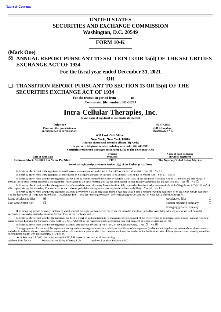 Intra-Cellular Therapies Inc（ITCI）2021财年年度报告（英文版）