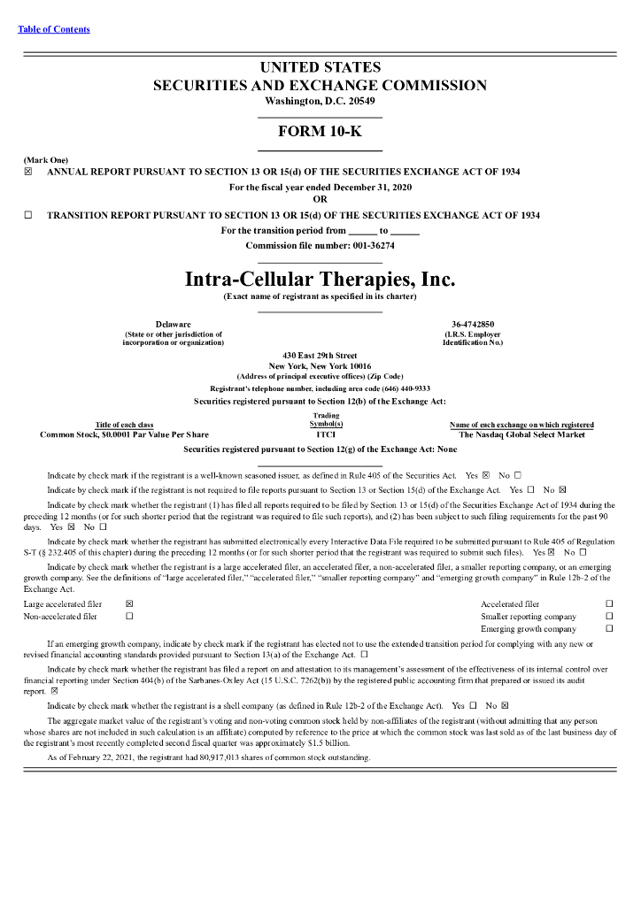 Intra-Cellular Therapies Inc（ITCI）2020财年年度报告（英文版）