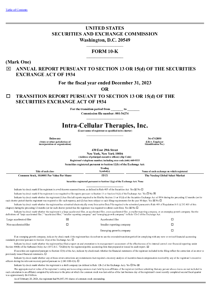 Intra-Cellular Therapies Inc（ITCI）2023财年年度报告（英文版）