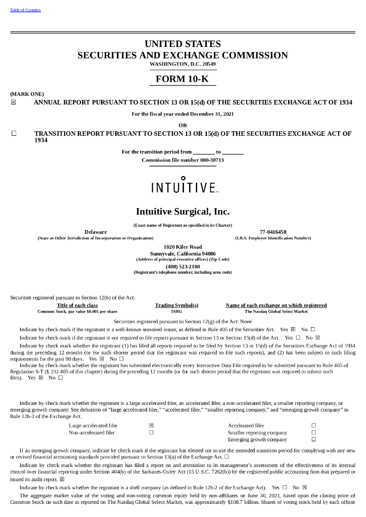 Intuitive Surgical,Inc.（ISRG）2021财年年度报告（英文版）