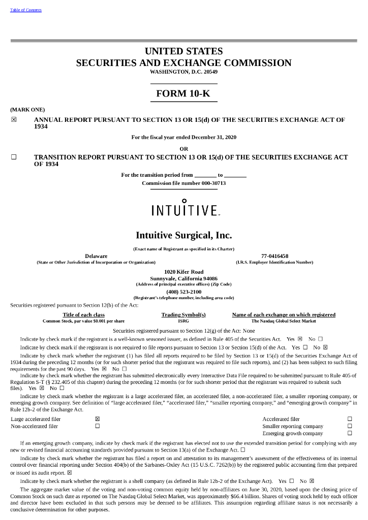 Intuitive Surgical,Inc.（ISRG）2020财年年度报告（英文版）