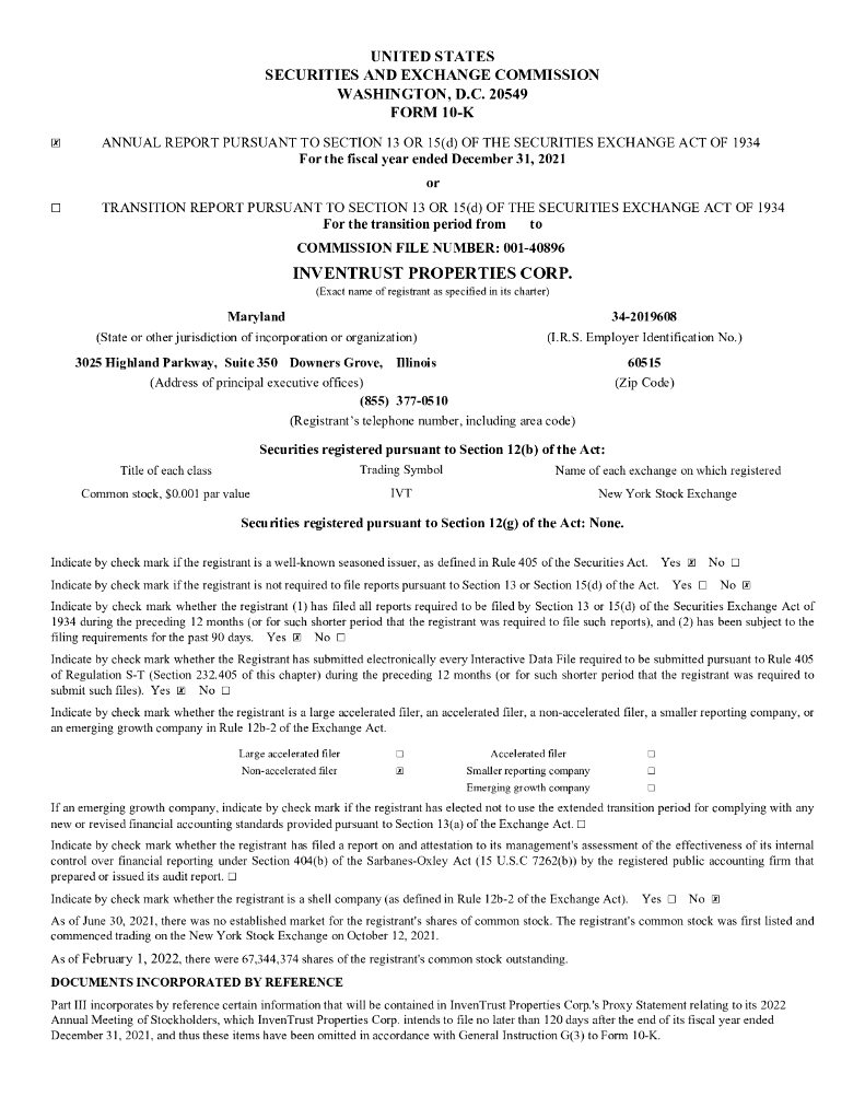 InvenTrust Properties Corp.（IARE）2021财年年度报告（英文版）