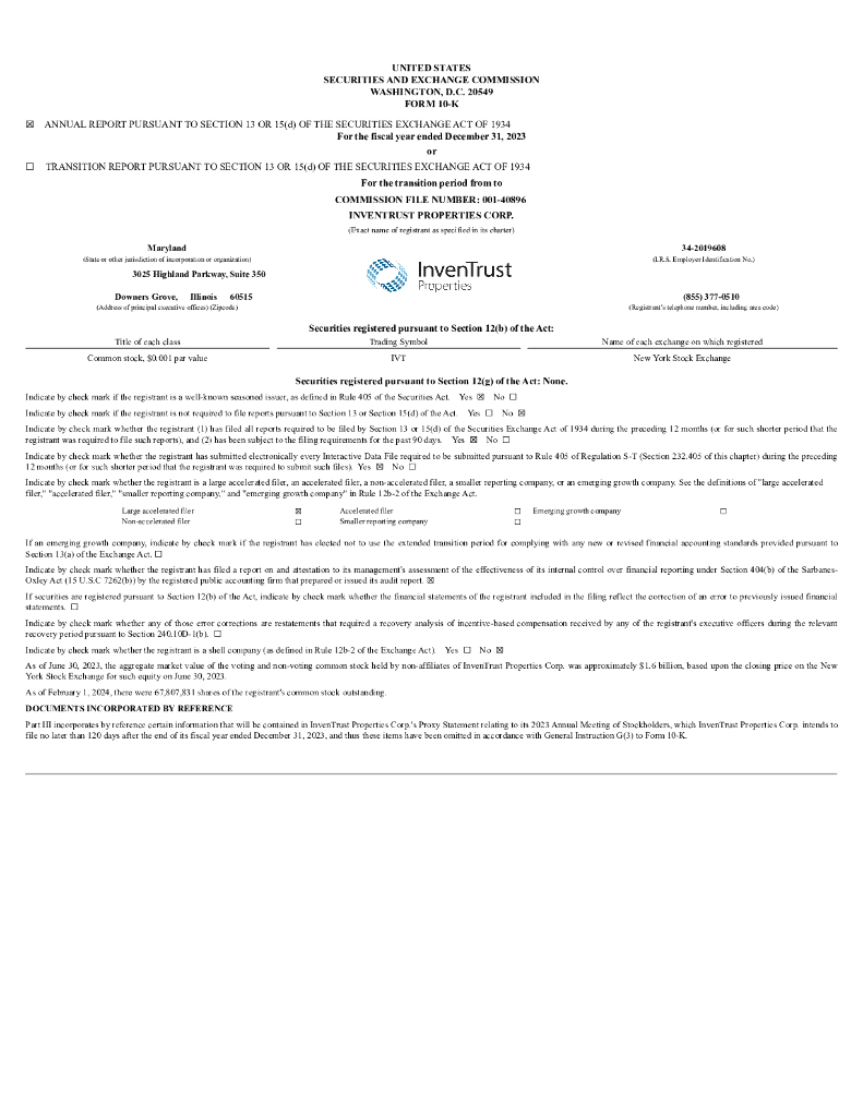 InvenTrust Properties Corp.（IARE）2023财年年度报告（英文版）
