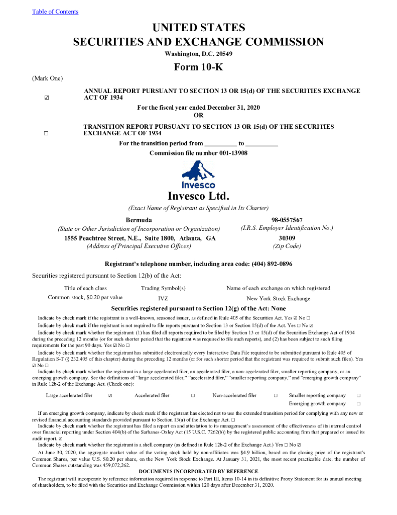 Invesco Ltd（IVZ）2020财年年度报告（英文版）