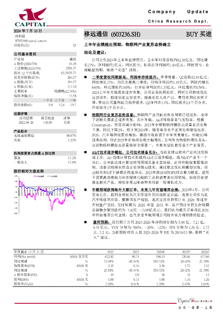 群益证券：移远通信（603236）-上半年业绩超出预期，物联网产业复苏态势确立