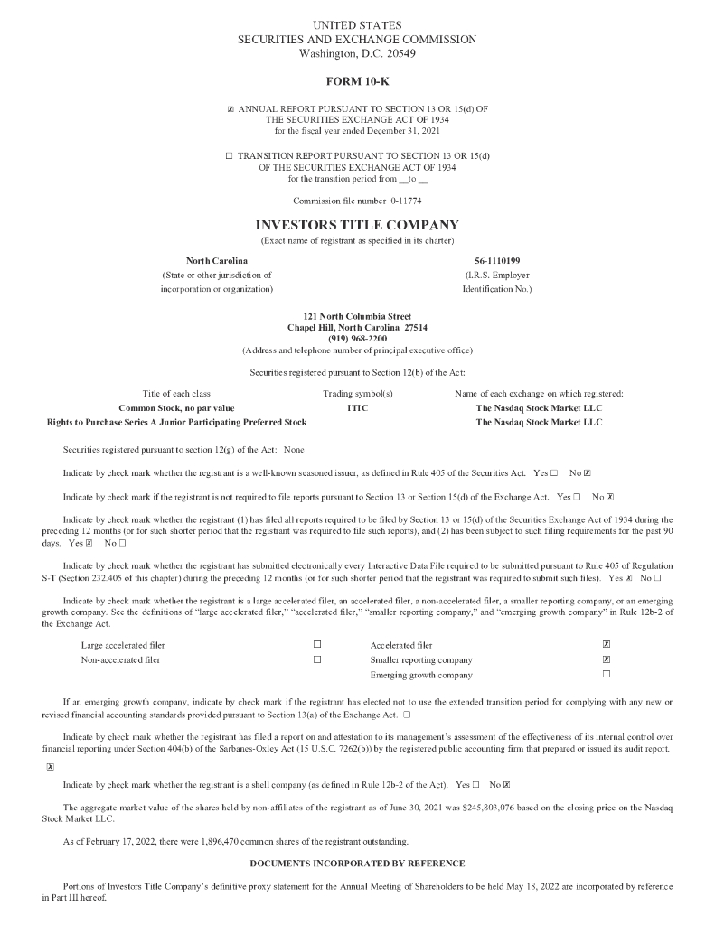 Investors Title Company（ITIC）2021财年年度报告（英文版）