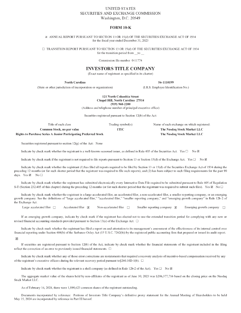 Investors Title Company（ITIC）2023财年年度报告（英文版）