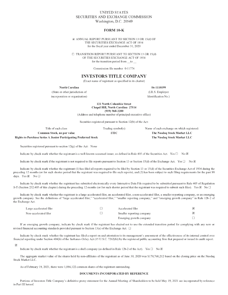 Investors Title Company（ITIC）2020财年年度报告（英文版）