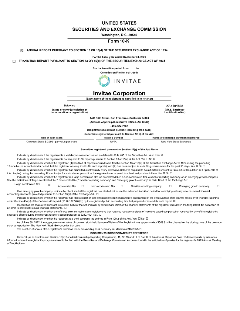 InVitae Corp（NVTA）2022财年年度报告（英文版）