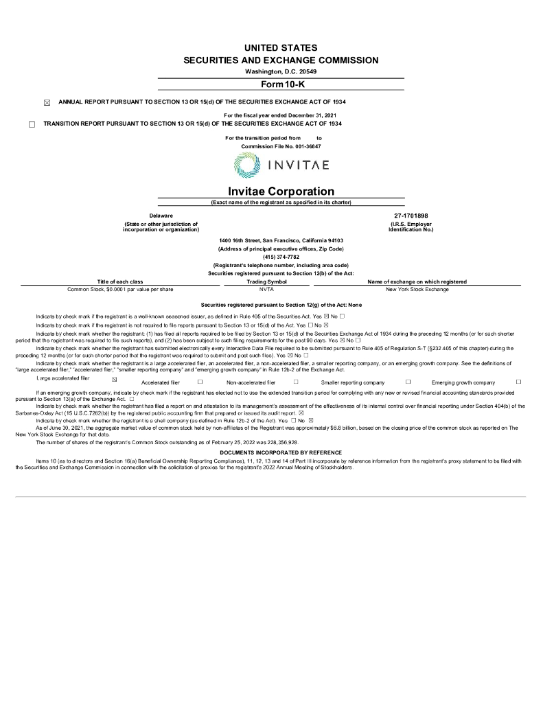InVitae Corp（NVTA）2021财年年度报告（英文版）