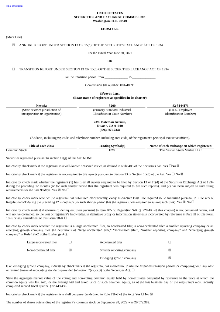 iPower Inc.（IPW）2022财年年度报告（英文版）