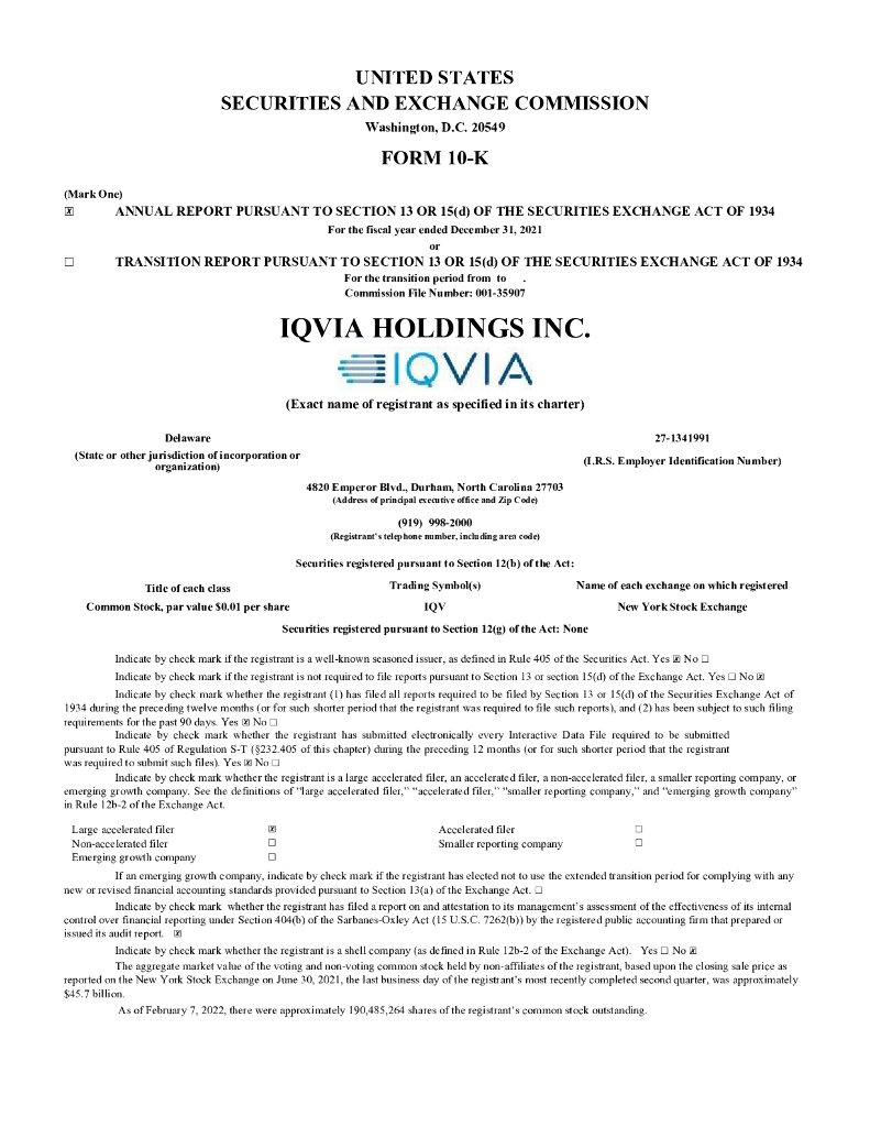 IQVIA Holdings Inc.（IQV）2021财年年度报告（英文版）